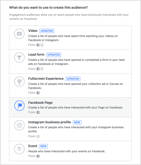 Etkileşime özel bir kitle oluşturmak için Facebook Sayfası seçeneğini seçin