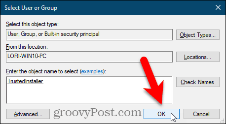 Windows Kayıt Defteri Düzenleyicisi'nde Kullanıcı veya Grup Seç iletişim kutusunu kapatın