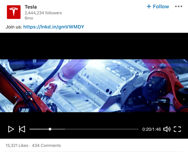 Tesla LinkedIn şirket sayfası video yayını örneği.
