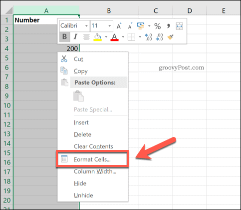 Excel Biçim Hücreleri seçeneği