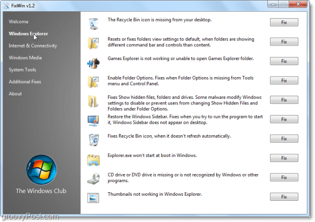 FixWin Windows Gezgini düzeltmeleri ekran görüntüsü