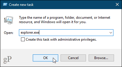 Windows 10 Görev Yöneticisi'nde yeni görev oluştur iletişim kutusu