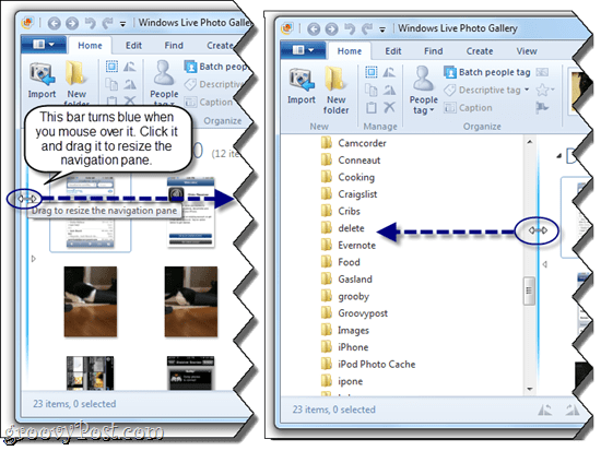 Windows Live Fotoğraf Galerisi'ndeki Gezinme Bölmesini Yeniden Boyutlandırma