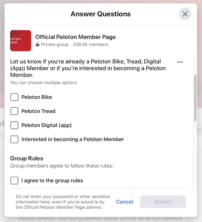 resmi peloton üye sayfası grubu için facebook grup tarama soruları örneği