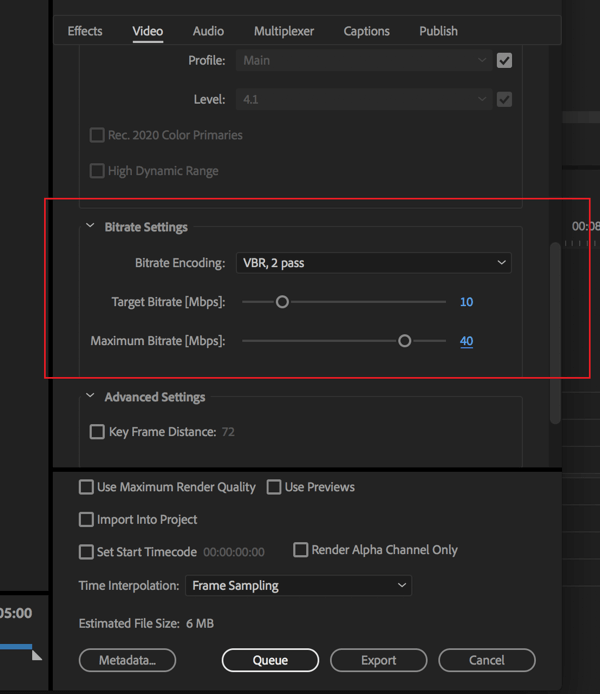 Adobe Premier Pro video dışa aktarmanızda bit hızını değiştirme ayarı.