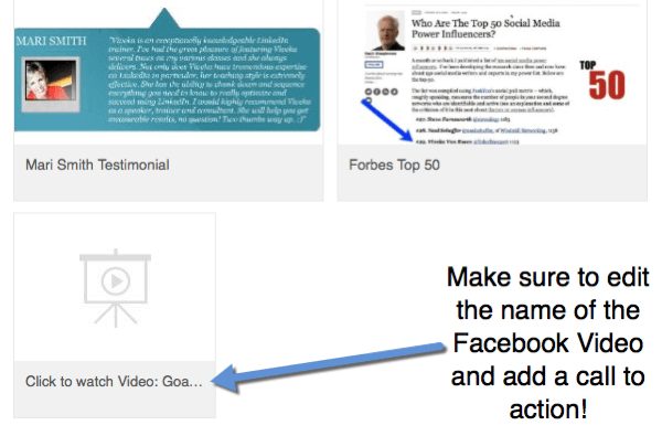 Profilinize Facebook video bağlantıları eklediğinizde, videoyu izlemek için bir harekete geçirici mesaj eklemek için başlığı düzenleyin.