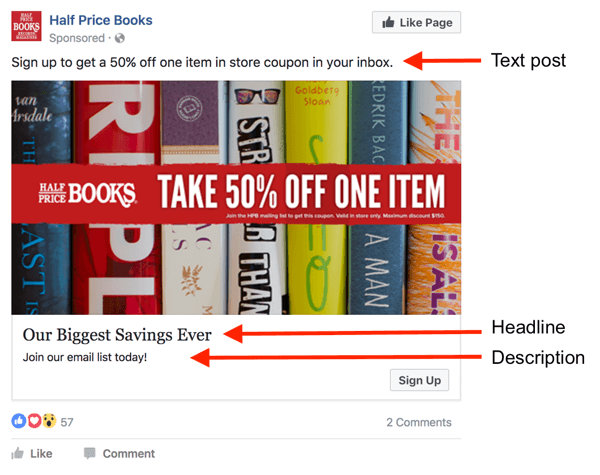 Bir Facebook reklamında metin için üç alan vardır.