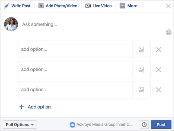 Bir Facebook grup gönderisinde, Anket'i tıklayın ve ardından bir soru veya bilgi istemi yazın. 