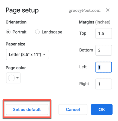 Google Dokümanlar'da Sayfa Yapısı varsayılan olarak ayarlandı düğmesi