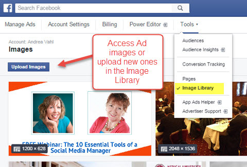 facebook reklam yöneticisi resim kitaplığına erişim