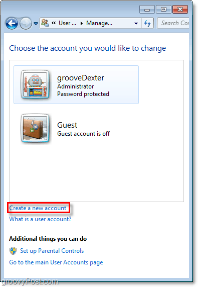 Windows 7 hesaplarına genel bakış sayfasından yeni bir hesap oluşturmak için bağlantıyı kullanın