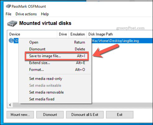 Bağlı bir IMG dosyasını OSFMount'ta ISO olarak kaydetme