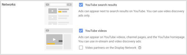 Google AdWords kampanyası için ağ ayarları.