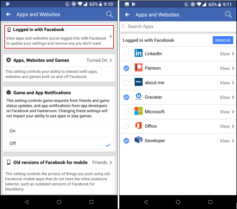 Uygulamaları Kaldır Facebook Mobile