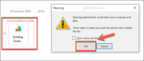 OneNote'ta dosya eki açma uyarısı