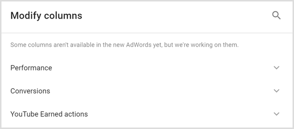 Google AdWords analizi sütunları değiştir ekranı