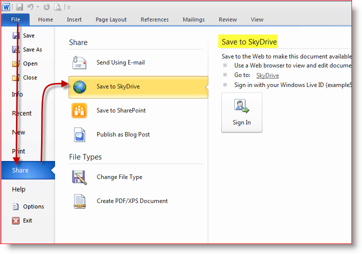 Belgeleri SkyDrive çevrimiçi depolama alanına kaydedin