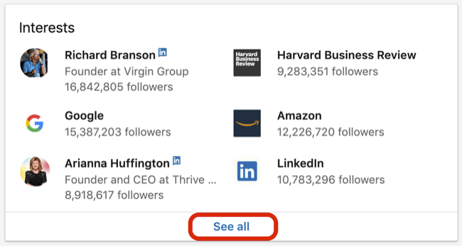 LinkedIn profili İlgi alanları kutusu