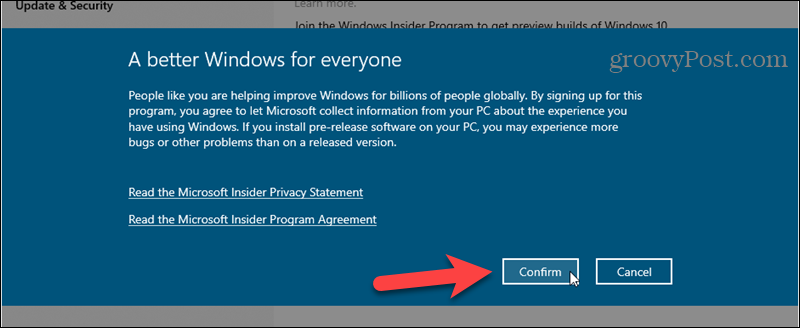 Windows Insider Programına kaydolmayı onaylayın