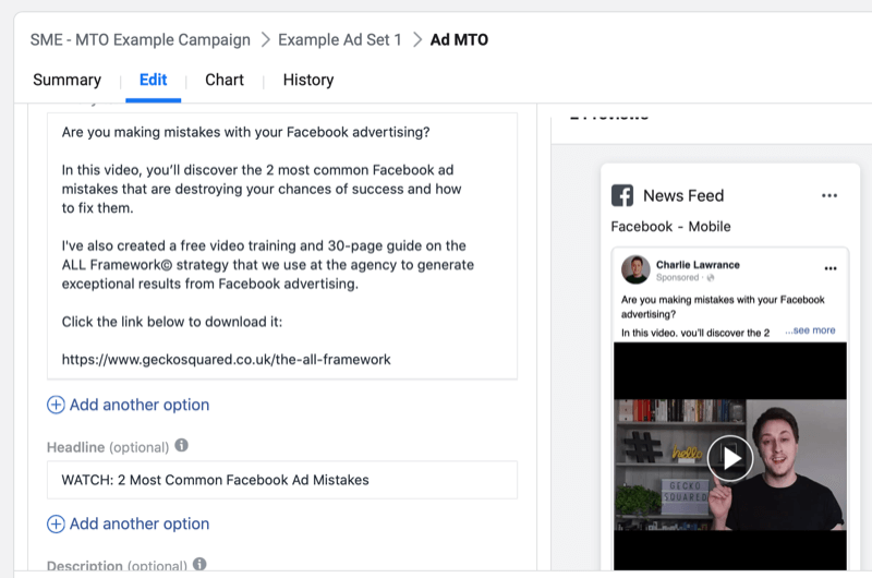 Birden çok metin seçeneğiyle bir Facebook kampanyası oluşturmak için adım adım açıklamalı yol