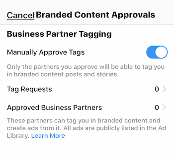 İşletme profili için Instagram markalı içerik onay ayarları