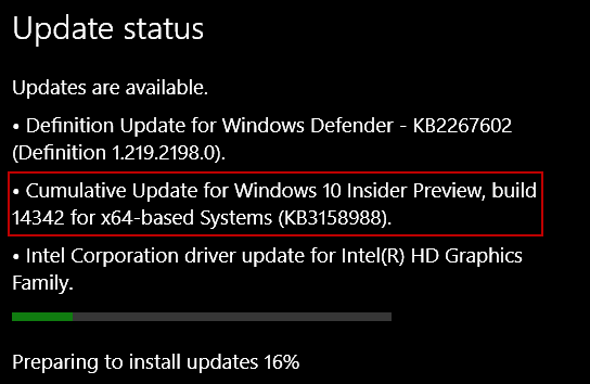 PC'ler için Preview Build 14342 için Windows 10 Güncelleştirmesi KB3158988