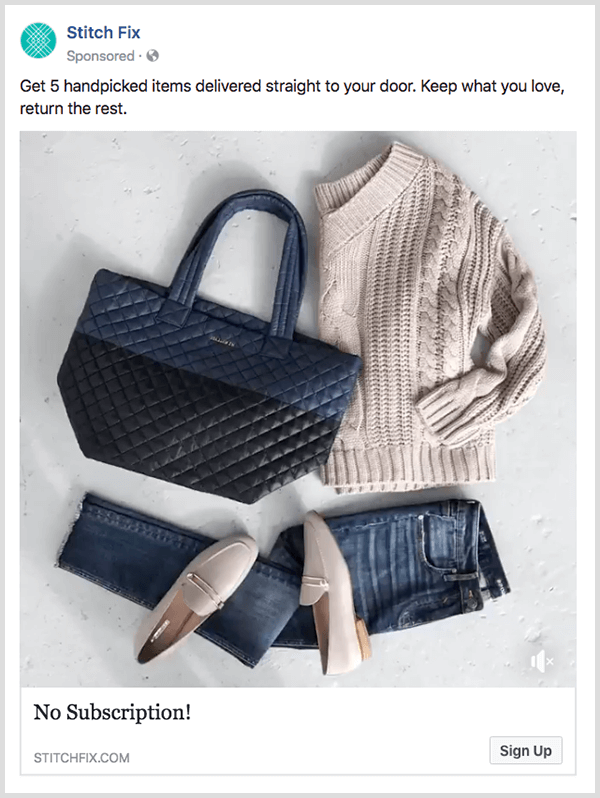 Stitch Fix'in Facebook dönüştürme reklamında bir Şimdi Alışveriş Yap düğmesi bulunur.