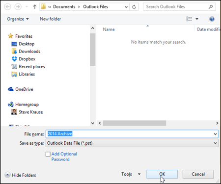 Outlook 2016 - PST dosyasının adını ve konumunu seçin