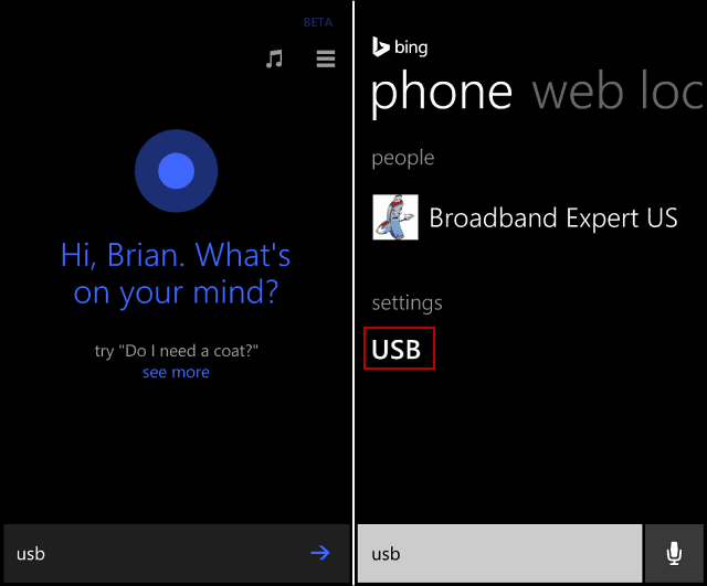 Cortana USB Arama