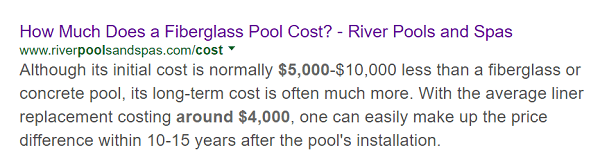 River Pools'un fiberglas havuzun maliyeti hakkındaki makalesi ilk olarak bu konunun araştırılmasında ortaya çıkıyor.