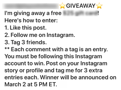 Ücretli sosyal etkileyiciler nasıl işe alınır, kötü yapılmış Instagram yarışma gönderisi örneği