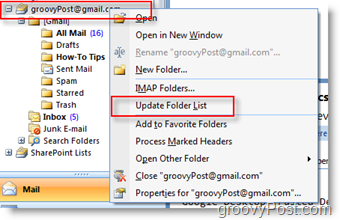 Outlook 2007 Gezinme Araç Çubuğu'ndaki iMAP GMAIL Klasör Listesini Güncelleştirme