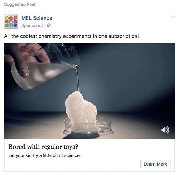 Bu MEL Science Facebook reklamı, bir YouTube videosundan klipler kullanıyor.