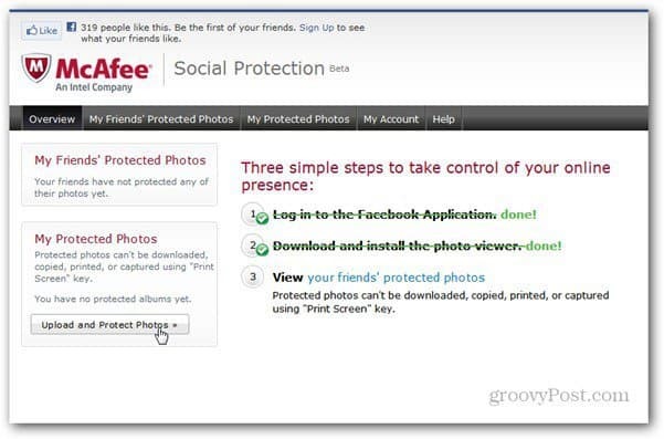 mcaffee sosyal koruma uygulama sayfası