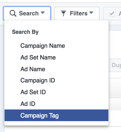 Facebook reklam kampanyalarını etikete göre arayın.