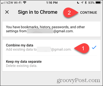 İOS için Chrome'da verilerimi birleştir
