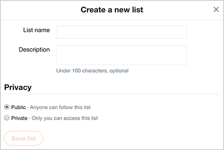 Bu, Twitter'daki Yeni Liste Oluştur iletişim kutusunun ekran görüntüsüdür. Üstte, Liste Adı ve Açıklamasını doldurmak için iki metin kutusu bulunur. Gizlilik alanında iki radyo düğmesi vardır: Genel ve Özel. Gizlilik seçeneklerinin altında bir Listeyi Kaydet düğmesi görünür.