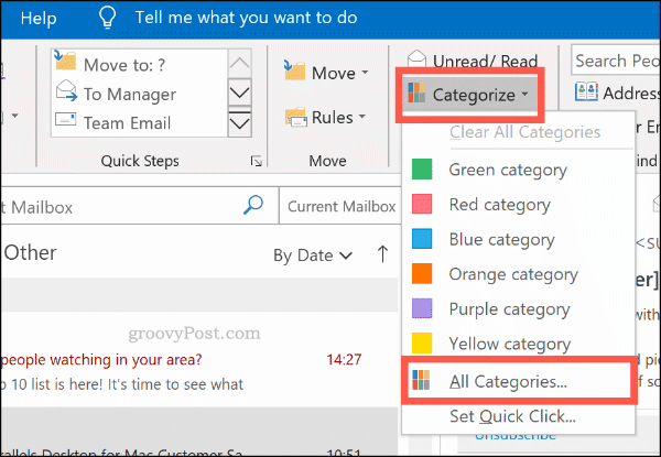 Outlook'ta renk kategorileri için kategorilere ayırma menüsü
