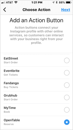 Instagram işletme profilinize eklemek için bir işlem düğmesi seçin.