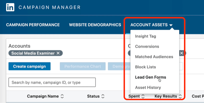 LinkedIn Kampanya Yöneticisi'nde seçilen Potansiyel Müşteri Oluşturma Formlarının ekran görüntüsü