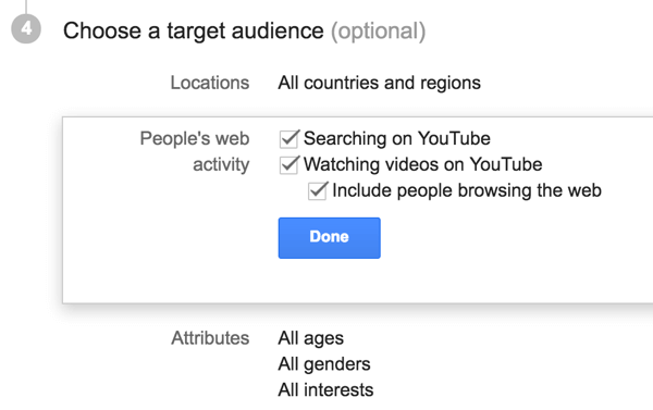 YouTube reklamınız için hedef kitleyi seçin.