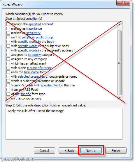 Outlook 2010 gönderilen e-postalar için herhangi bir koşul seçmeyin
