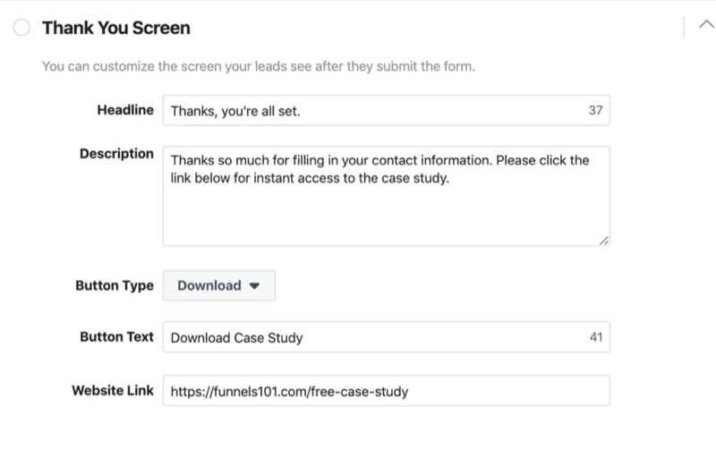 Facebook potansiyel müşteri formu kurulum sürecinin Teşekkür Ekranı bölümü