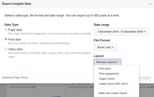 Facebook Post Data Insights'ınızı dışa aktarırken bir düzen seçin.