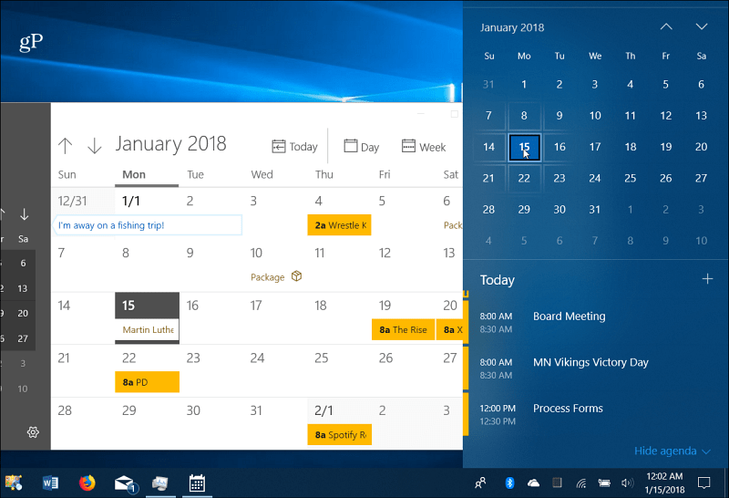 Takvim Etkinlikleri Windows 10 Görev Çubuğu