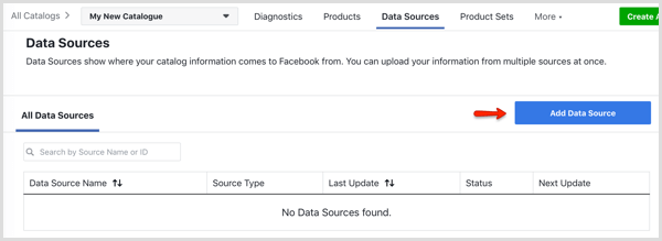 Facebook Katalog Yöneticisi'ndeki Veri Kaynakları sekmesinde Veri Kaynağı Ekle düğmesi