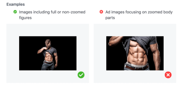 Facebook reklamları için vücut kısımlarına yakınlaştırılmış olarak gösterilen kabul edilebilir ve kabul edilemez fotoğraflar