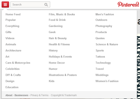 Pinterest yeni kategoriler bölümü