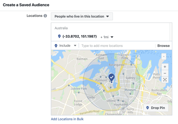 Facebook'ta canlı etkinliğinizi nasıl tanıtabilirsiniz, 5. adım, etkinlik konumuna göre kaydedilmiş bir kitle oluşturma seçeneği