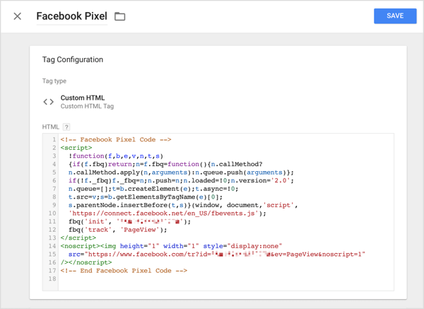 Google Etiket Yöneticisi'nde, Özel HTML seçeneğini tıklayın ve Facebook'tan kopyaladığınız izleme kodunu HTML kutusuna yapıştırın.